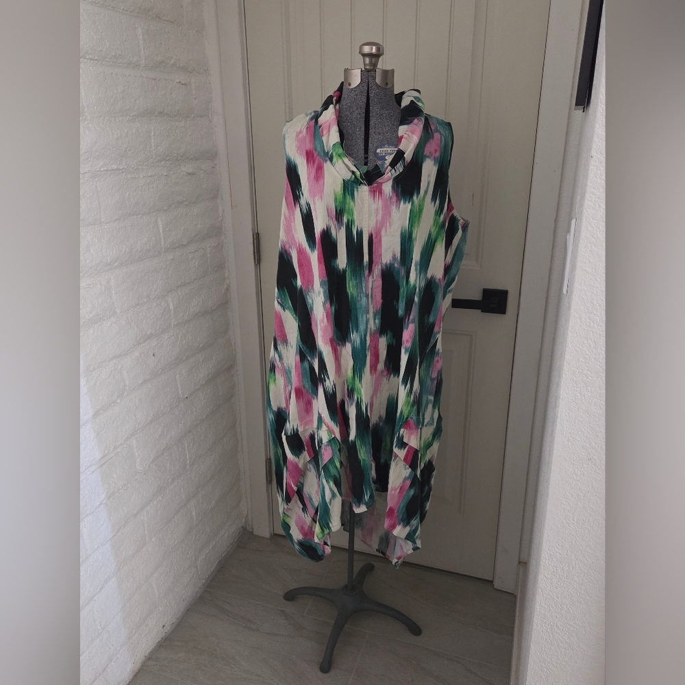 For Cynthia Green and Pink Brush Stroke Cowl Neck Sleeveless Linen Dress